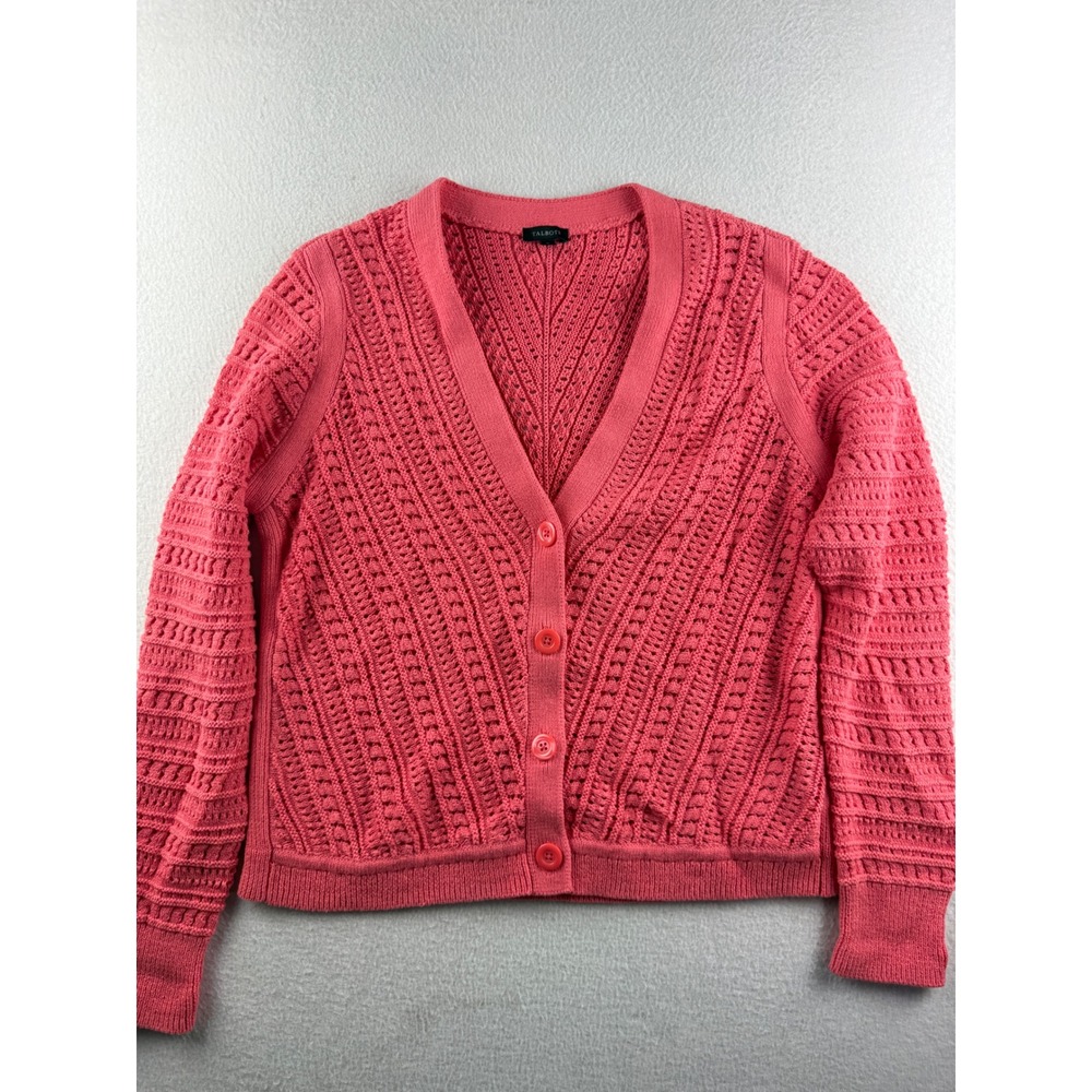 Talbots Womens Medium Coral Pink Pointelle Cable Knit Button Front Cardigan